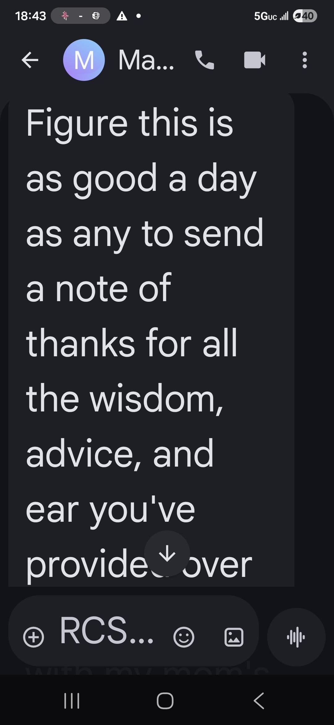 Text that says "Figure this is as good a day as any to send a note of thanks for all the wisdom, advice, and ear you've provided over..."
