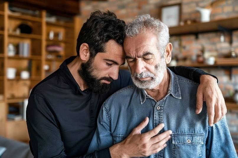Image: Male adult child with his arm around older father